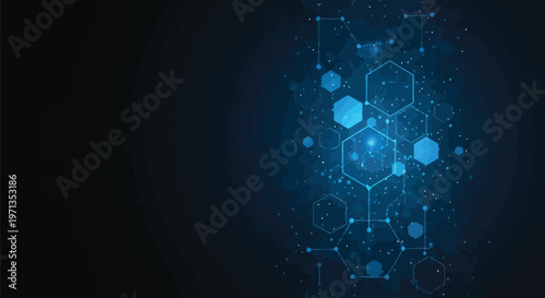 Blue molecular structures, glowing hexagons, chemistry background, science illustration, biotechnology vector