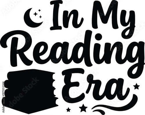 In my reading era script lettering with stack of books and stars vector art