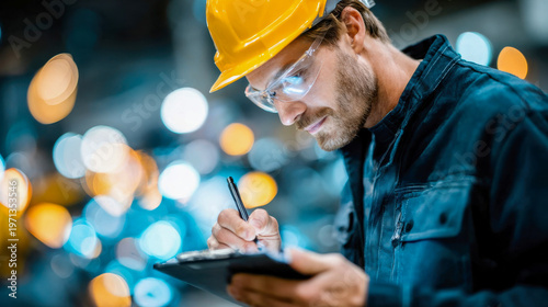 Professional industrial engineer in hard hat writing on digital tablet inside factory, quality control and manufacturing inspection concept