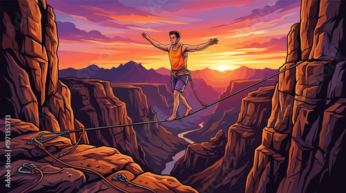 An illustration of a man slacklining over a vast canyon at sunset. A concept of risk, balance, challenge, and achieving goals. Ideal for business and motivational topics.