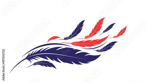 Artistic arrangement of various bird feathers in blue and red colors drifting across a clean white background in a graceful arc.