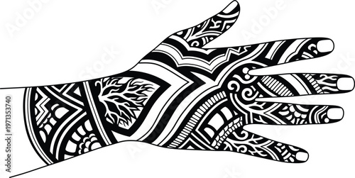 A vector graphic illustration of a hand with intricate tattoo designs on the palm and fingers