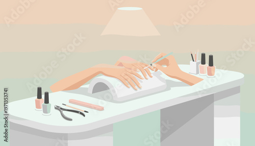 Vector illustration of a professional manicure. A nail technician treats a client's hands in a calm beauty salon. Perfect for beauty, spa, and wellness concepts.