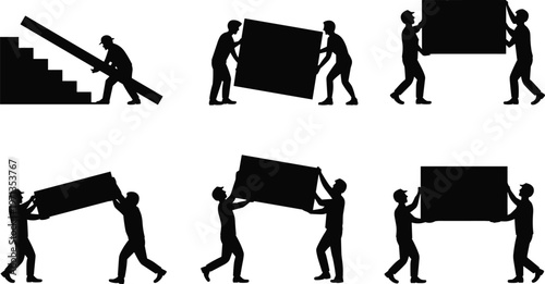 construction workers carrying heavy load silhouettes teamwork lifting moving objects labor industrial people black isolated vector illustration set