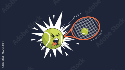 Humorous illustration of a tennis ball with a pained expression being hit by a tennis racket on a dark blue background.
