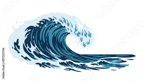 Powerful blue ocean wave curling over and creating white foam against a plain background in a classic illustrative style.