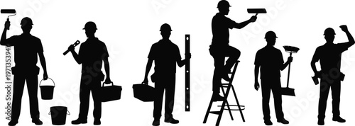 painter handyman worker silhouettes tools ladder bucket roller brush repair service labor industrial people black isolated vector illustration set