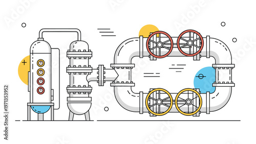 Technical diagram of an industrial piping system with valves, tanks, and pressure gauges in a clean thin-line art style.