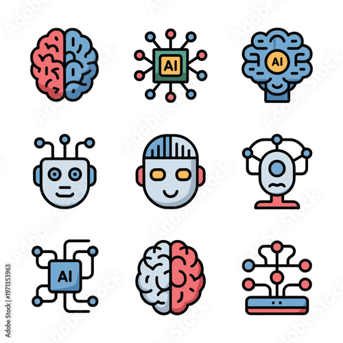 Artificial Intelligence Icons with Brain and Robot Silhouettes