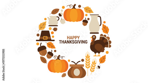 Wreath made of Thanksgiving symbols such as a turkey, pumpkin, pilgrim hat, acorn, and autumn leaves around the text happy thanksgiving.
