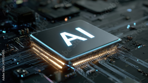 futuristic artificial intelligence chip with glowing energy on motherboard