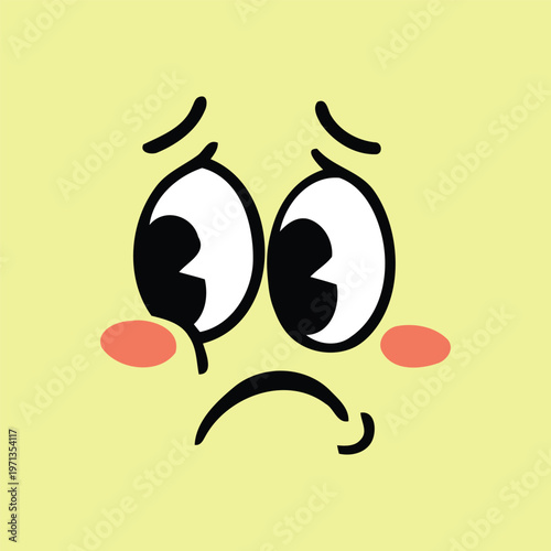 Sad face emoticon with big eyes and rosy cheeks vector illustration
