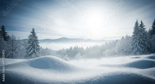 Winter landscape, snowy forest, frosty mountains, cold climate