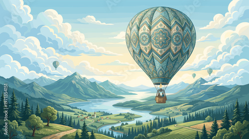A beautifully illustrated hot air balloon with intricate patterns soars over a tranquil mountain valley with a river and village. Ideal for travel, adventure, or inspirational themes.