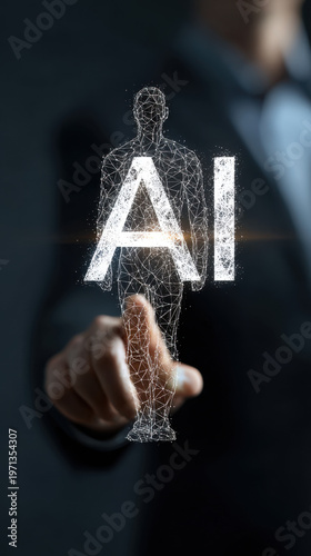 human interacting with artificial intelligence hologram digital transformation concept