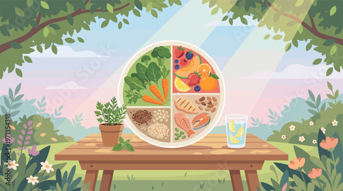 Illustration of a balanced diet plate with healthy food groups on a table outdoors. Concept for nutrition, wellness, and healthy lifestyle. Perfect for health and food content.