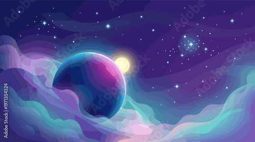 A vibrant vector illustration of a fantasy alien planet amidst colorful cosmic clouds and a starry sky. Dreamy and magical background for science fiction or creative projects.