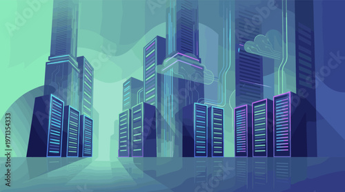 A futuristic vector illustration of a data center. Server racks styled as skyscrapers symbolize cloud computing, big data, and hosting. Perfect for tech and IT concepts.