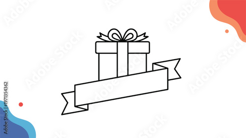 Clean line art illustration of a gift box topped with a bow and featuring a blank ribbon banner for customizable text.