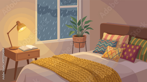 Cozy bedroom illustration with a lamp, book, and rain outside the window. A warm, relaxing, and peaceful scene perfect for hygge, comfort, and interior design concepts.