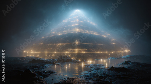 glowing pyramid structure with lights futuristic architecture concept