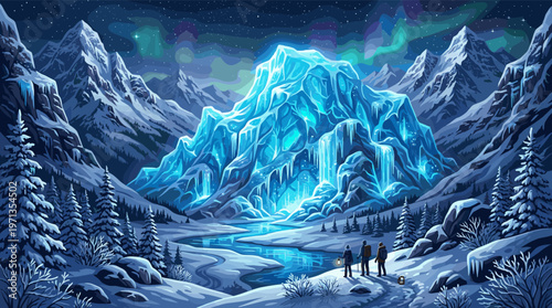 Three adventurers gaze at a magical glowing ice mountain in a snowy valley. Epic fantasy landscape at night with aurora. Ideal for adventure, gaming, and fantasy concepts.