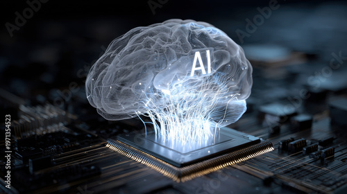 futuristic artificial intelligence brain glowing on processor with neural network