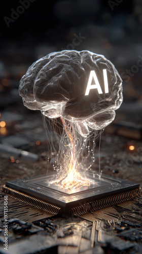 futuristic artificial intelligence brain glowing on processor with neural network