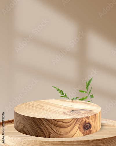 A high-quality 3D rendered circular wooden pedestal placed on a matching wooden tray, designed for elegant product showcases. The scene features a clean, warm beige background with soft aesthetic wind