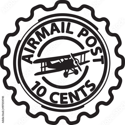 Vintage airmail post stamp with biplane vector illustration outline style.