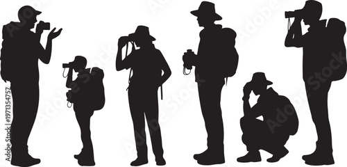hiker icons group of six outdoor observers and photographers