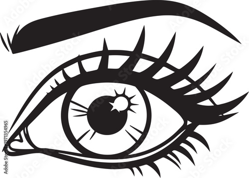 Beautiful female eye with long eyelashes and eyebrow vector outline drawing.