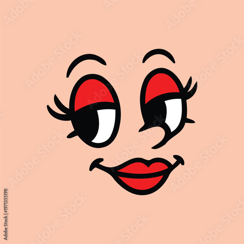 Vector illustration of a cartoon face with winking eyes and smiling lips