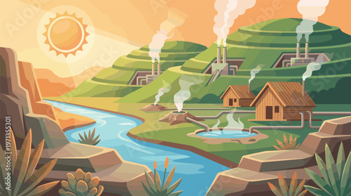 Illustration of a geothermal power station in a nature landscape. Renewable energy concept for sustainability, clean electricity, and green technology presentations.