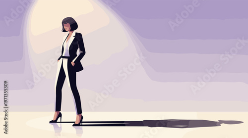 Minimalist vector illustration of a confident businesswoman in a stylish pantsuit. The modern, elegant design is perfect for corporate, leadership, and empowerment concepts.