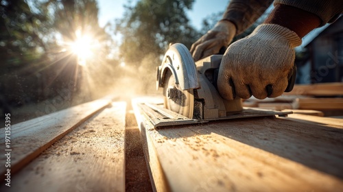 Man cutting wood with a circular saw outdoors sunny day
