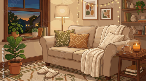 A warm and cozy living room illustration at dusk. A comfortable sofa, glowing lights, a steaming mug, and a candle create a relaxing, hygge atmosphere for peaceful evenings.