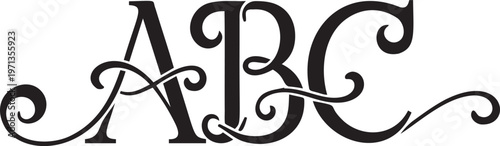 Art nouveau styled uppercase letters a, b, and c with flourishes.