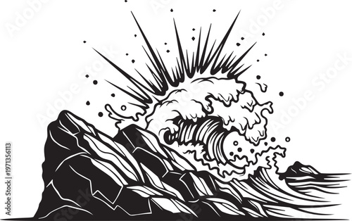 Ocean wave crashing rocks detailed black white illustration.