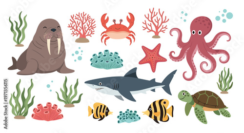 Diverse collection of marine life featuring a walrus and shark along with various sea creatures and colorful coral plants.