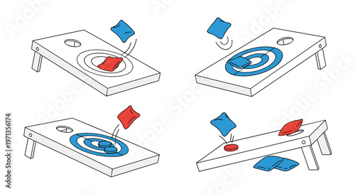 Four scenes show the progress of a cornhole game with red and blue bean bags being tossed onto wooden boards.