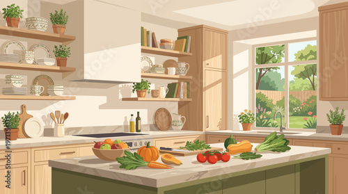 A warm, sunlit kitchen with fresh vegetables on an island. Cozy, rustic scene for healthy eating, home cooking, and interior design concepts.