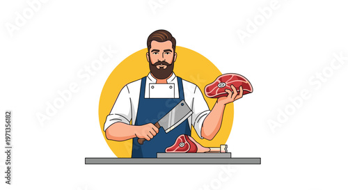 Skilled butcher with a beard holds a large piece of raw meat and a sharp cleaver in a professional food service scene.