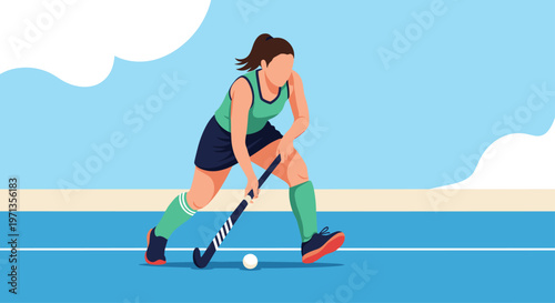 Professional female athlete playing field hockey on a blue court during a competitive match with a stick and ball in dynamic motion.