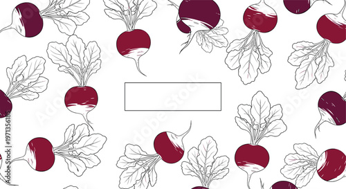 Seamless pattern background featuring hand drawn fresh radishes with green leaves scattered across a white surface for textile design.
