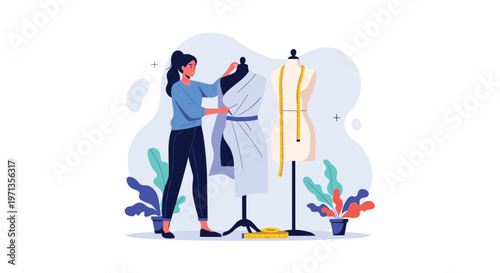 Fashion designer working in her studio draping blue fabric on a mannequin with measuring tape and plants for creative workplace concepts.