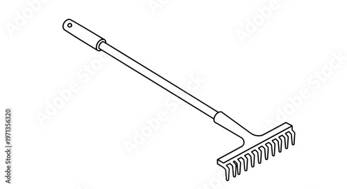 Line art illustration of a garden rake with a long handle used for cleaning leaves and soil in backyard maintenance and landscaping.