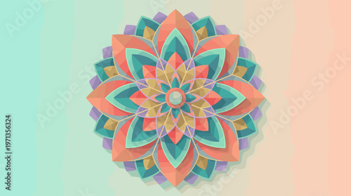 A vibrant, symmetrical mandala in pastel shades of teal, coral, and purple. This serene, geometric design is ideal for wellness, yoga, meditation, and spiritual concepts.