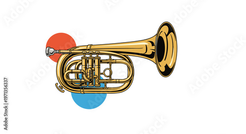 Musical instrument cornet or trumpet in golden brass with colorful circles in the background for jazz or orchestral music themes.