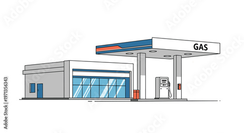 Modern gas station and convenience store building with a large canopy and fuel pump shown in a clean architectural vector style.